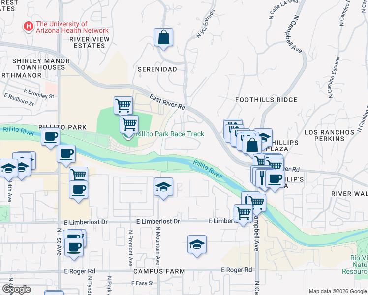 map of restaurants, bars, coffee shops, grocery stores, and more near 4500 North Vía Entrada in Tucson