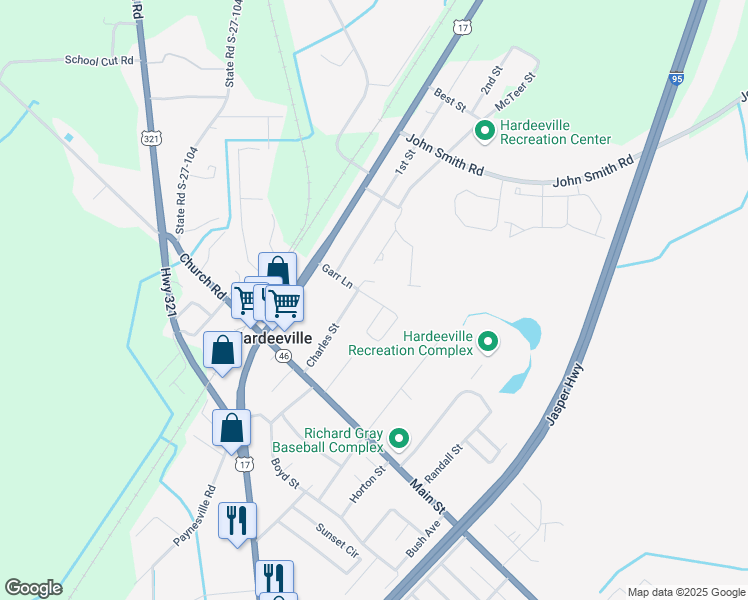 map of restaurants, bars, coffee shops, grocery stores, and more near 113 Garr Lane in Hardeeville