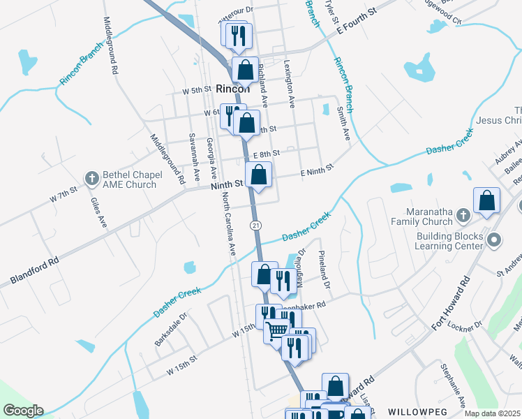 map of restaurants, bars, coffee shops, grocery stores, and more near 101 East 10th Street in Rincon