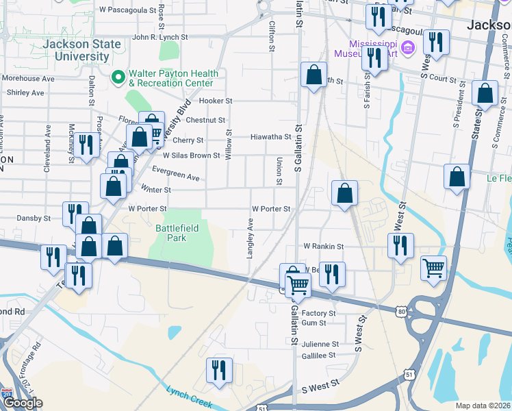 map of restaurants, bars, coffee shops, grocery stores, and more near 507 Winter Street in Jackson