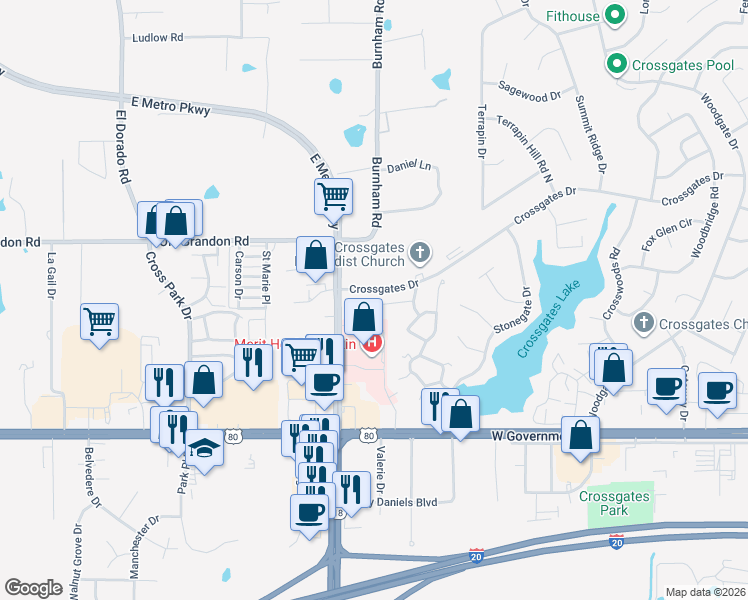map of restaurants, bars, coffee shops, grocery stores, and more near 330 Wild Cedar Place in Brandon