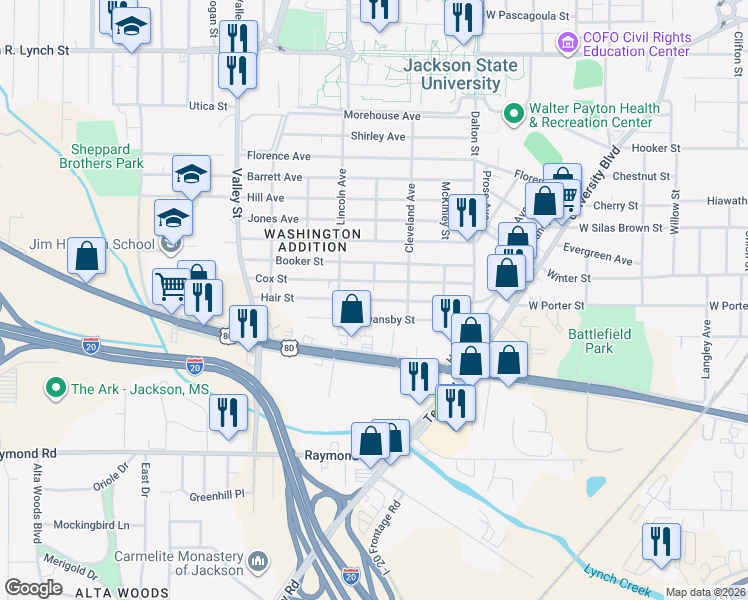 map of restaurants, bars, coffee shops, grocery stores, and more near Hair Street in Jackson