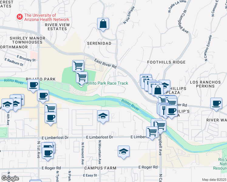 map of restaurants, bars, coffee shops, grocery stores, and more near 4500 North Vía Entrada in Tucson