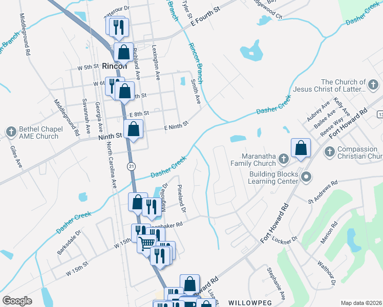 map of restaurants, bars, coffee shops, grocery stores, and more near 309 Woodbury Lane in Rincon