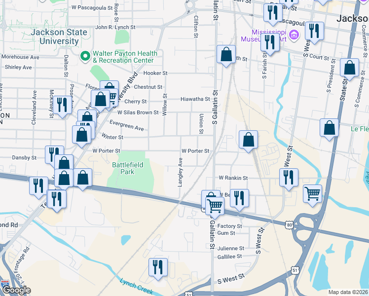 map of restaurants, bars, coffee shops, grocery stores, and more near 507 Winter Street in Jackson