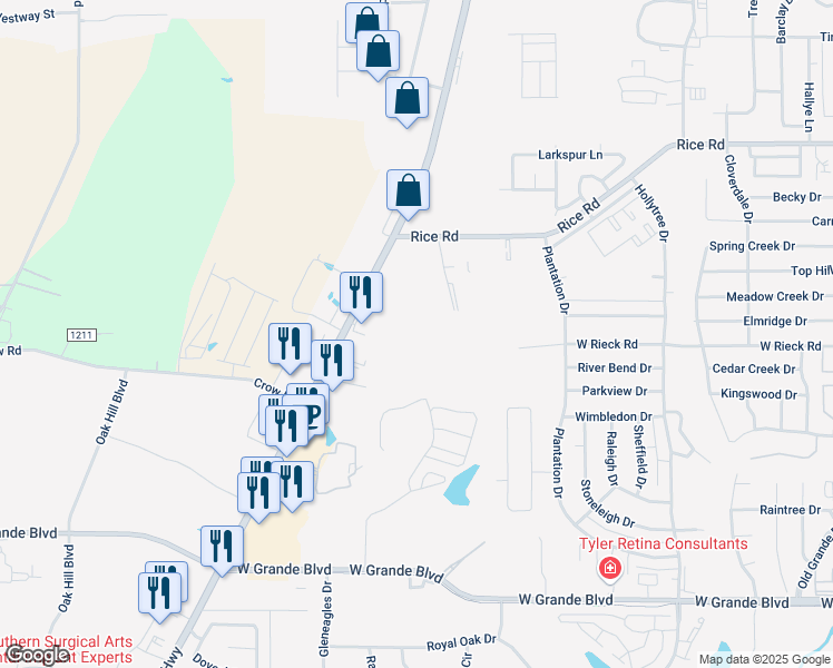 map of restaurants, bars, coffee shops, grocery stores, and more near 5348 Old Jacksonville Highway in Tyler