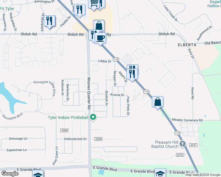 map of restaurants, bars, coffee shops, grocery stores, and more near 5621 Reagan Street in Tyler