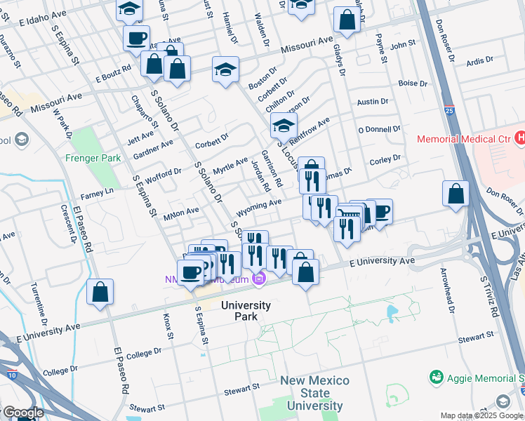 map of restaurants, bars, coffee shops, grocery stores, and more near 1404 Wyoming Avenue in Las Cruces