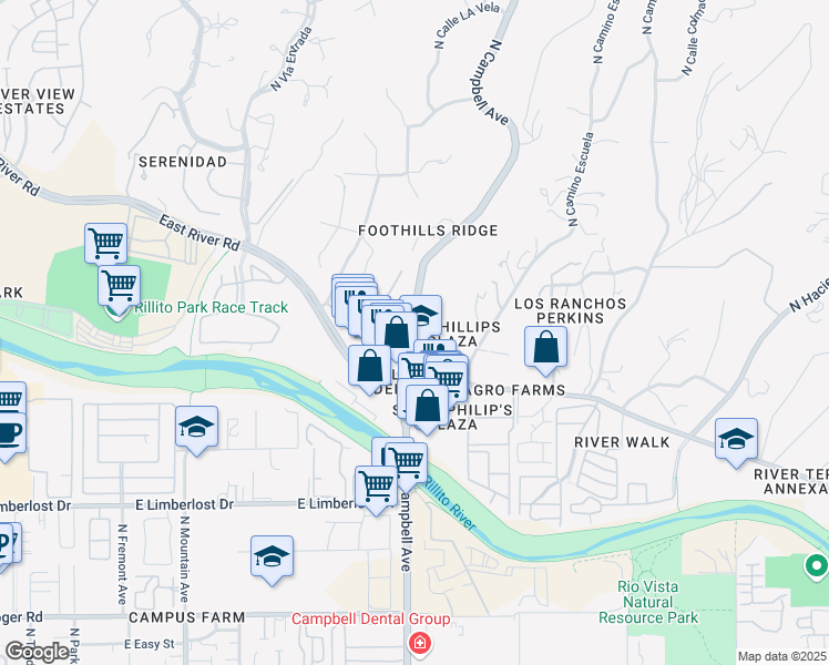map of restaurants, bars, coffee shops, grocery stores, and more near 4440 North Campbell Avenue in Tucson