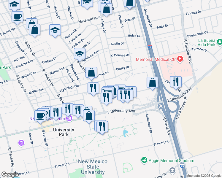 map of restaurants, bars, coffee shops, grocery stores, and more near 1990 Wyoming Avenue in Las Cruces