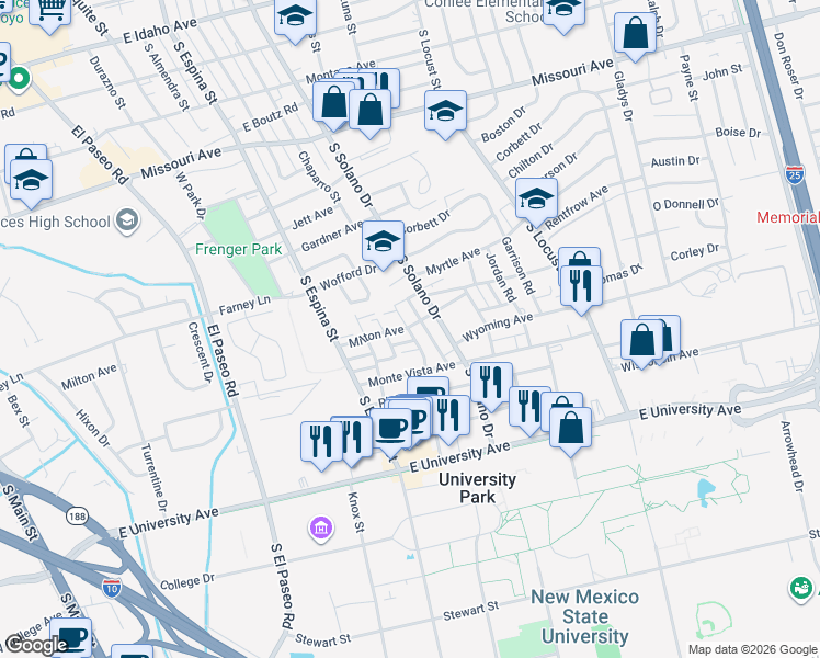 map of restaurants, bars, coffee shops, grocery stores, and more near 1200 Milton Road in Las Cruces