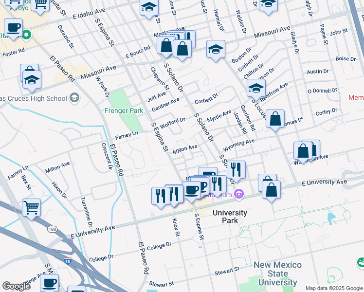 map of restaurants, bars, coffee shops, grocery stores, and more near 1070 Sharon Circle in Las Cruces