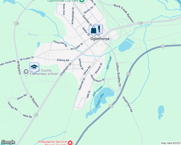 map of restaurants, bars, coffee shops, grocery stores, and more near 329 Railroad Street in Oglethorpe