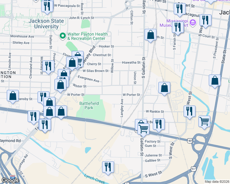 map of restaurants, bars, coffee shops, grocery stores, and more near 607 Winter St in Jackson