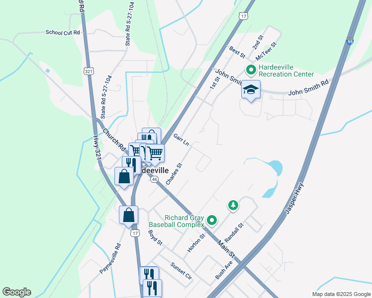 map of restaurants, bars, coffee shops, grocery stores, and more near 23 Charles Street in Hardeeville