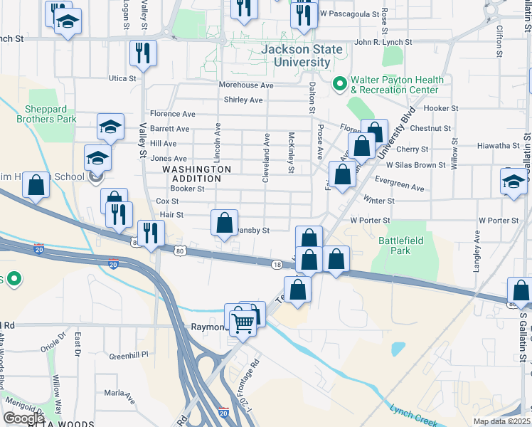 map of restaurants, bars, coffee shops, grocery stores, and more near 1342 Hair Street in Jackson