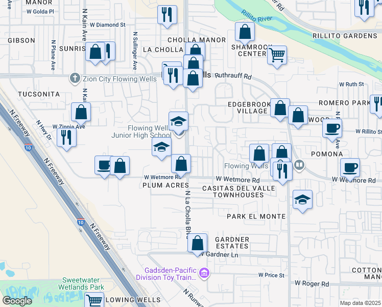 map of restaurants, bars, coffee shops, grocery stores, and more near 2076 West Furreys Lane in Tucson