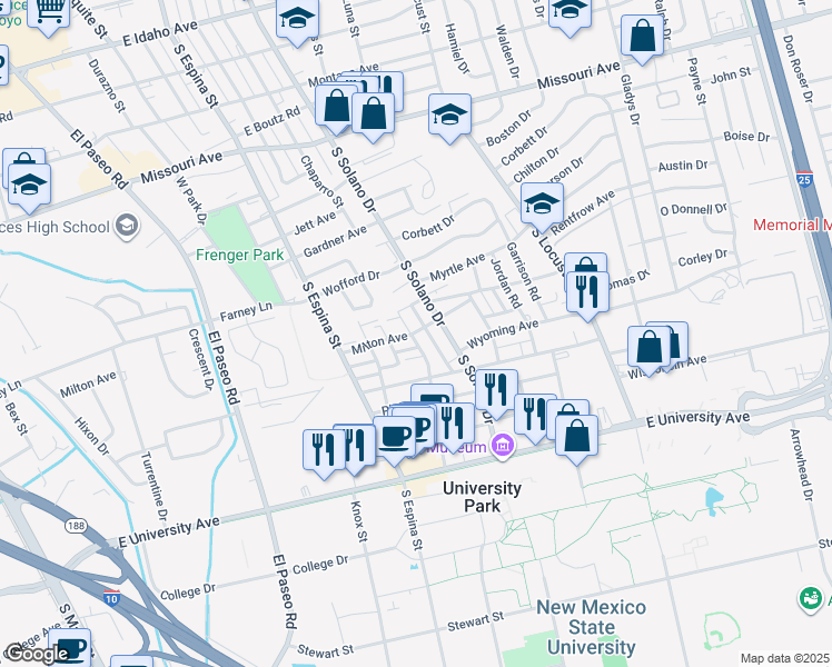 map of restaurants, bars, coffee shops, grocery stores, and more near 1210 Milton Road in Las Cruces