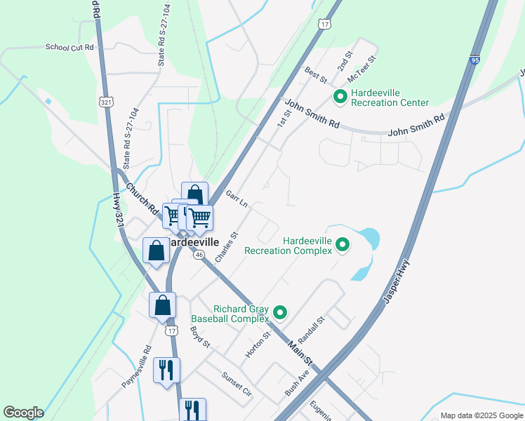 map of restaurants, bars, coffee shops, grocery stores, and more near 113 Garr Lane in Hardeeville