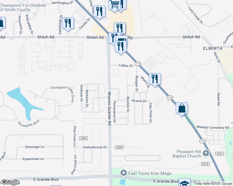 map of restaurants, bars, coffee shops, grocery stores, and more near 5619 Oleander Drive in Tyler