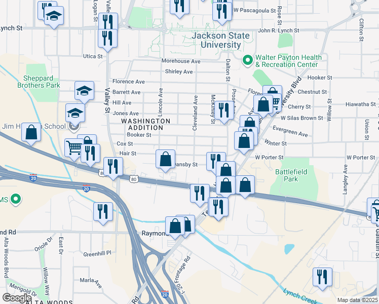 map of restaurants, bars, coffee shops, grocery stores, and more near 1342 Hair Street in Jackson