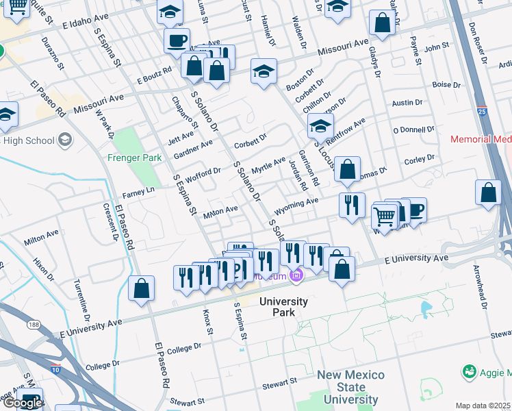 map of restaurants, bars, coffee shops, grocery stores, and more near 1248 Milton Road in Las Cruces