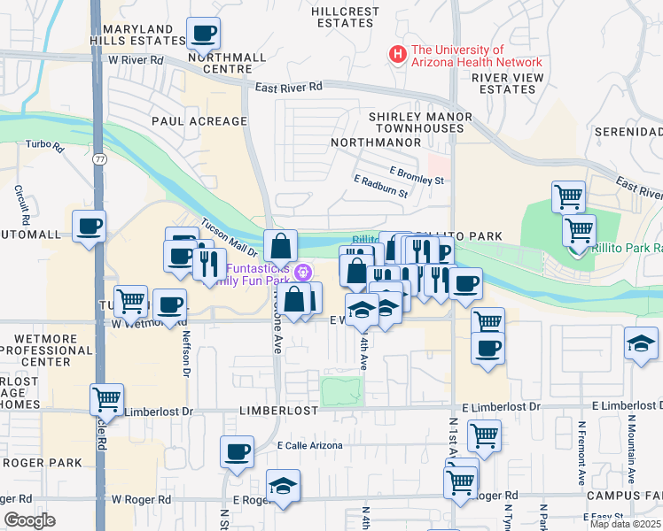 map of restaurants, bars, coffee shops, grocery stores, and more near 333 East Wetmore Road in Tucson