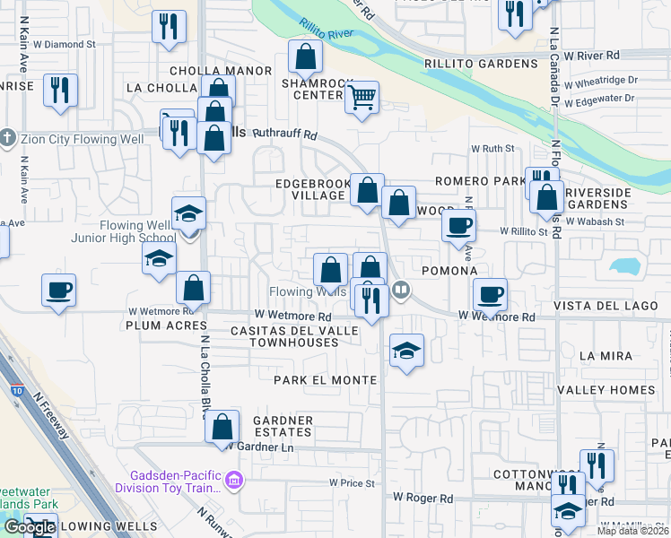 map of restaurants, bars, coffee shops, grocery stores, and more near 4541 North Old Romero Road in Tucson