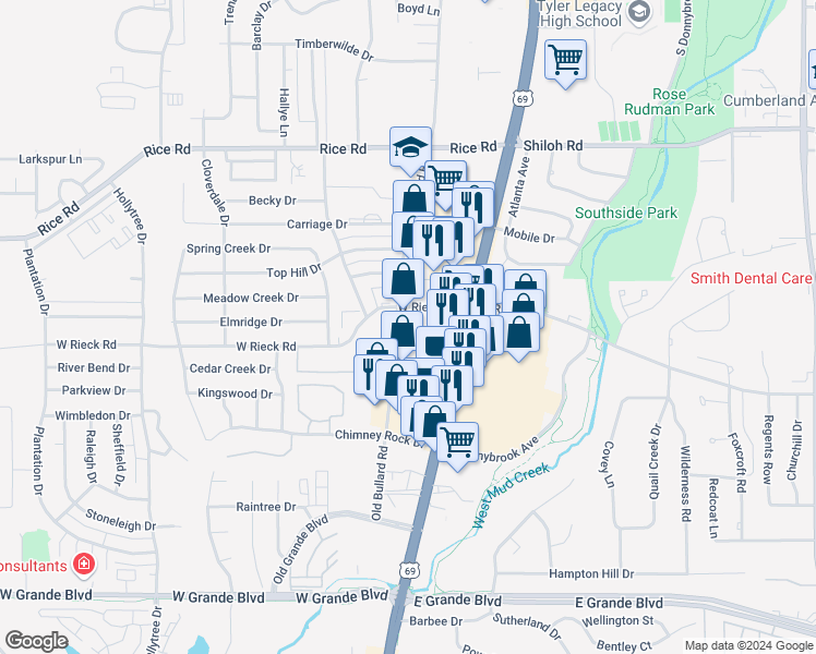 map of restaurants, bars, coffee shops, grocery stores, and more near 5520 Old Bullard Road in Tyler