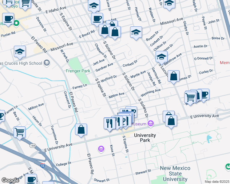 map of restaurants, bars, coffee shops, grocery stores, and more near 2115 College Street in Las Cruces