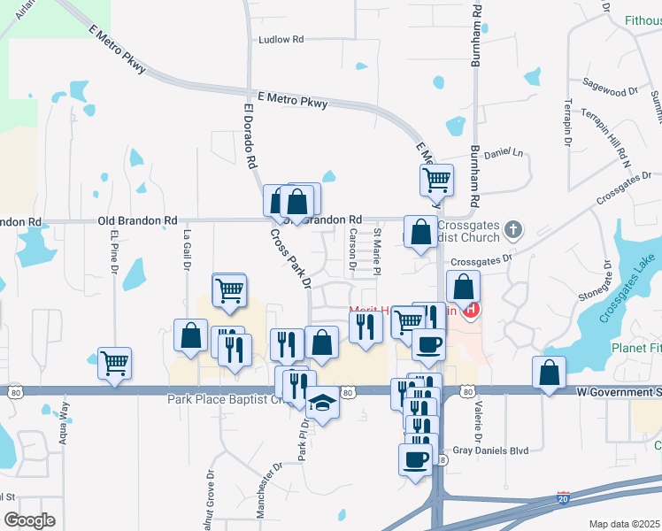 map of restaurants, bars, coffee shops, grocery stores, and more near 330 Cross Park Drive in Pearl