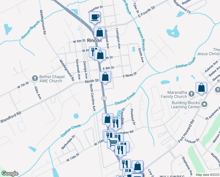 map of restaurants, bars, coffee shops, grocery stores, and more near East 10th Street in Rincon