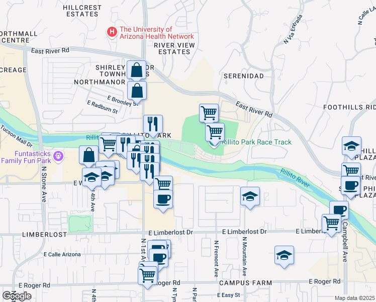 map of restaurants, bars, coffee shops, grocery stores, and more near 4574 North 1st Avenue in Tucson