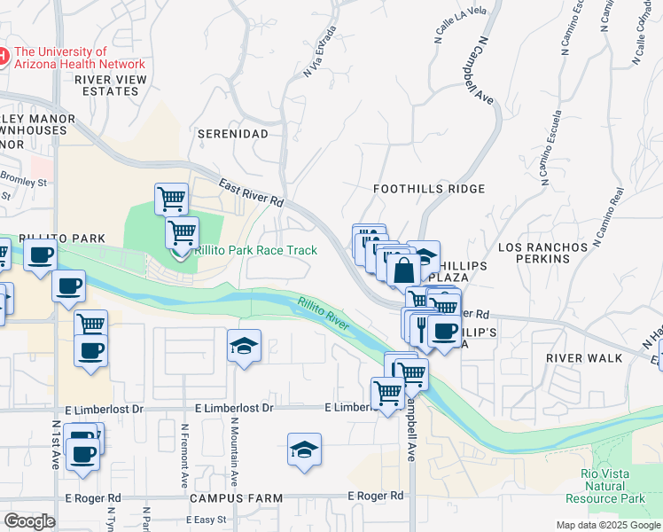 map of restaurants, bars, coffee shops, grocery stores, and more near 1640 East River Road in Tucson
