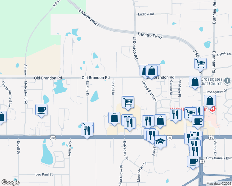 map of restaurants, bars, coffee shops, grocery stores, and more near 125 La Gail Drive in Pearl