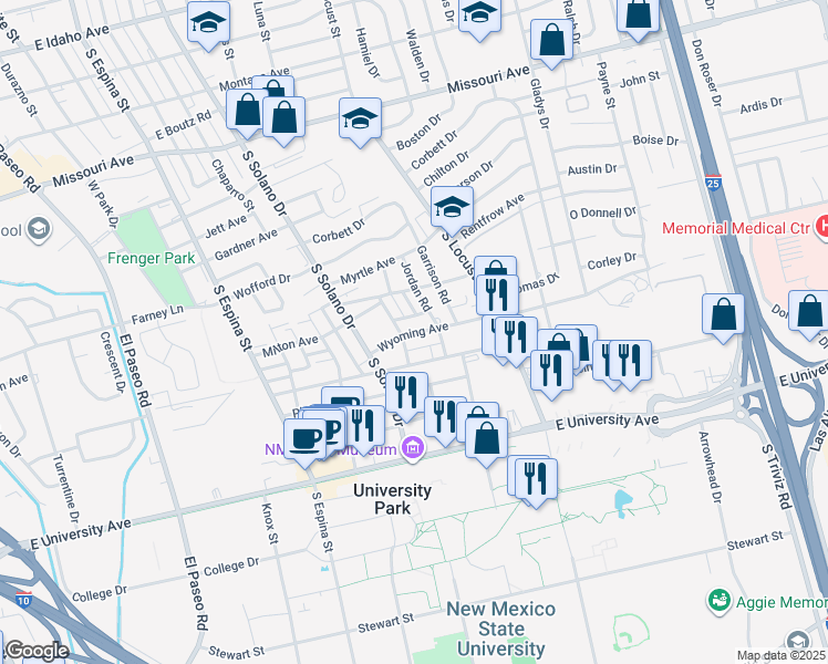 map of restaurants, bars, coffee shops, grocery stores, and more near 1410 Wyoming Avenue in Las Cruces