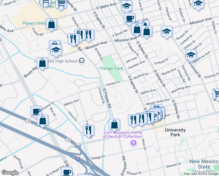 map of restaurants, bars, coffee shops, grocery stores, and more near 2006 Corn Drive in Las Cruces