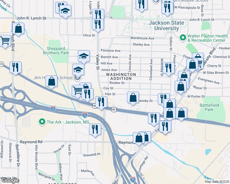map of restaurants, bars, coffee shops, grocery stores, and more near 1655 Cox Street in Jackson