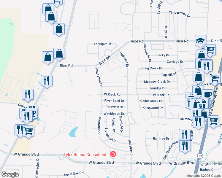 map of restaurants, bars, coffee shops, grocery stores, and more near 1310 Spring Branch Drive in Tyler