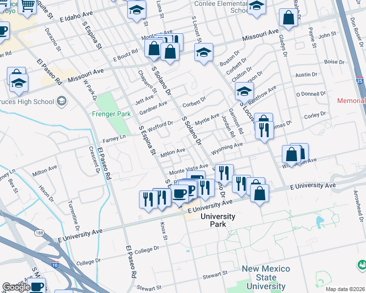 map of restaurants, bars, coffee shops, grocery stores, and more near 2130 Hagerty Road in Las Cruces