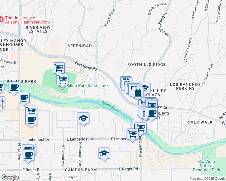 map of restaurants, bars, coffee shops, grocery stores, and more near 1640 East River Road in Tucson