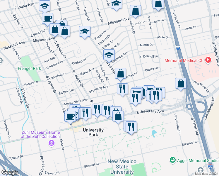 map of restaurants, bars, coffee shops, grocery stores, and more near 1520 Wyoming Avenue in Las Cruces