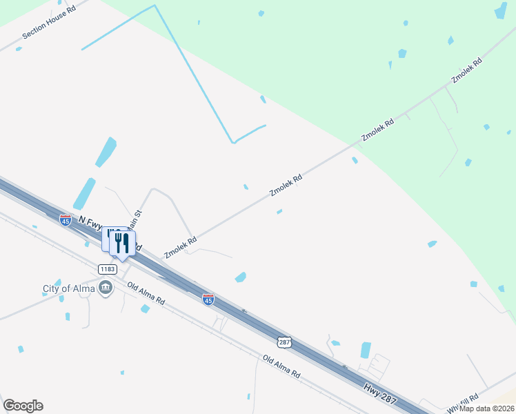 map of restaurants, bars, coffee shops, grocery stores, and more near 285 Zmolek Road in Ennis