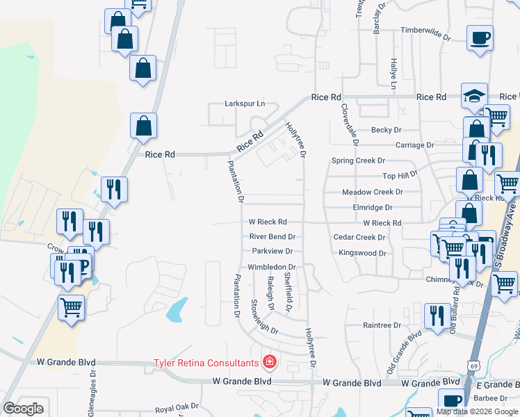 map of restaurants, bars, coffee shops, grocery stores, and more near 1310 Spring Branch Drive in Tyler
