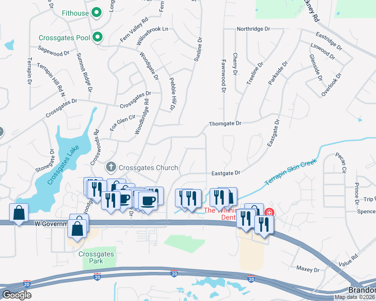 map of restaurants, bars, coffee shops, grocery stores, and more near 32 Dawnview Drive in Brandon