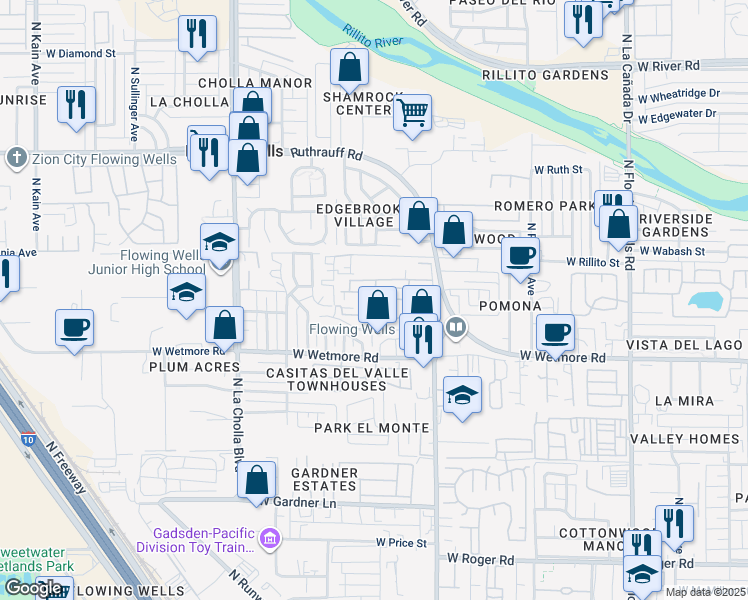 map of restaurants, bars, coffee shops, grocery stores, and more near 4 North Walker Place in Tucson
