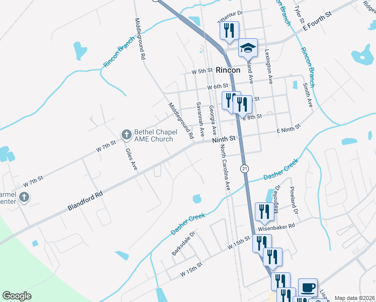 map of restaurants, bars, coffee shops, grocery stores, and more near 405 West 9th Street in Rincon