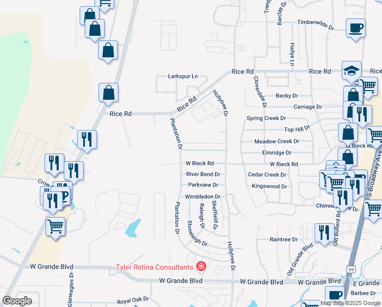 map of restaurants, bars, coffee shops, grocery stores, and more near 1310 Spring Branch Drive in Tyler