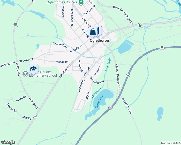 map of restaurants, bars, coffee shops, grocery stores, and more near 329 Railroad Street in Oglethorpe