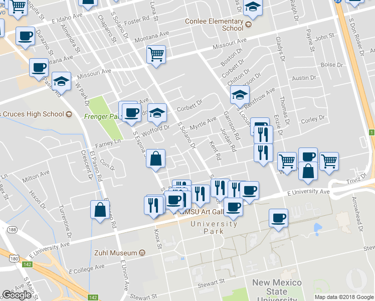 map of restaurants, bars, coffee shops, grocery stores, and more near 1248 Milton Road in Las Cruces